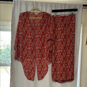 Max Studio Red Floral Cropped Pants & Kimono Set
